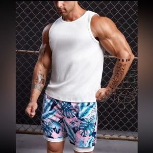 Men Solid Tank Top & Tropical Print Shorts with Phone Pocket